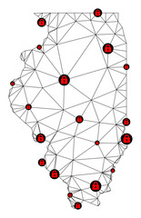 Polygonal mesh lockdown map of Illinois State. Abstract mesh lines and locks form map of Illinois State. Vector wire frame 2D polygonal line network in black color with red locks.
