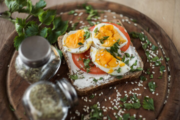 Naklejka na ściany i meble bruschetta with tomato and eggs isolated on plate.