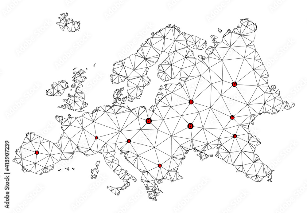 Poster Polygonal mesh lockdown map of Europe. Abstract mesh lines and locks form map of Europe. Vector wire frame 2D polygonal line network in black color with red locks.
