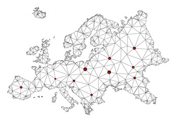 Polygonal mesh lockdown map of Europe. Abstract mesh lines and locks form map of Europe. Vector wire frame 2D polygonal line network in black color with red locks.