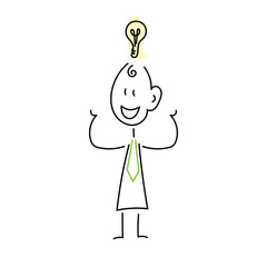 Strichmännchen mit leuchtender Glühbirne über dem Kopf hat eine Idee