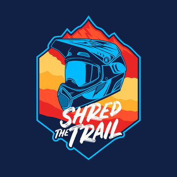 Vector mountain biking illustration with full face helmet and mountain silhouette