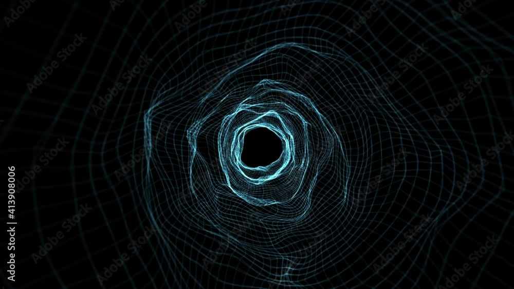 Aufkleber minimal motion graphic background with glowing wormhole geometric mesh. flight animation through abs