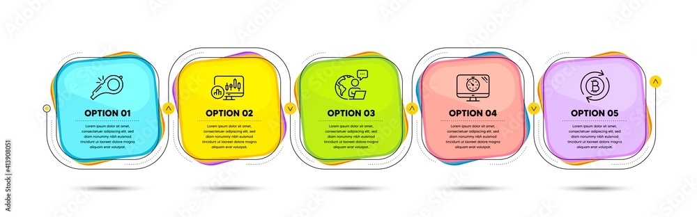 Poster refresh bitcoin, whistle and seo timer line icons set. timeline process flowchart. candlestick chart