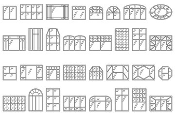 Window for a residential building, cottage, townhouse. Icon vector isolated on white, outline style. Windows for an apartment of different shapes.