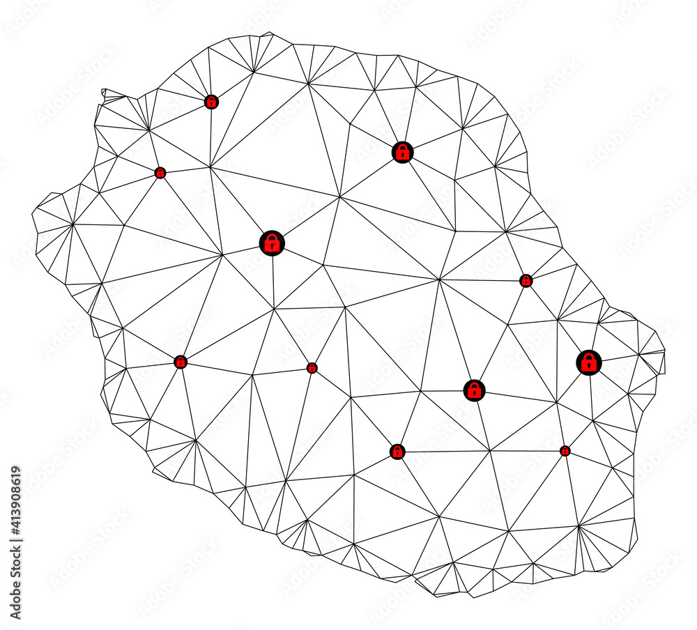 Poster polygonal mesh lockdown map of reunion island. abstract mesh lines and locks form map of reunion isl