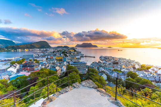 Alesund at sunset from Strykejernet viewpoint, Norway