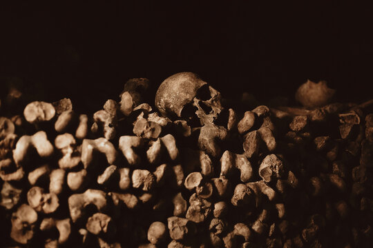 Sculls and bones in the dark of catacombes of Paris