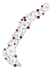 Polygonal mesh lockdown map of Novaya Zemlya Islands. Abstract mesh lines and locks form map of Novaya Zemlya Islands. Vector wire frame 2D polygonal line network in black color with red locks.