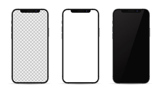 Kiev, Ukraine - February 14, 2021: Apple IPhone In Graphite Color. Mock-up Screen Front View Iphone With Transparent, White And Black Screen Phone.