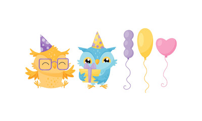 Funny Owl with Toy Balloon and Wrapped Gift Box Vector Set