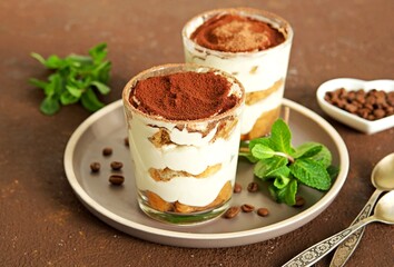 Tiramisu, dessert with biscuit cookies and mascarpone cream in glasses on a brown concrete background. Dessert recipes without baking. Desserts in glasses.