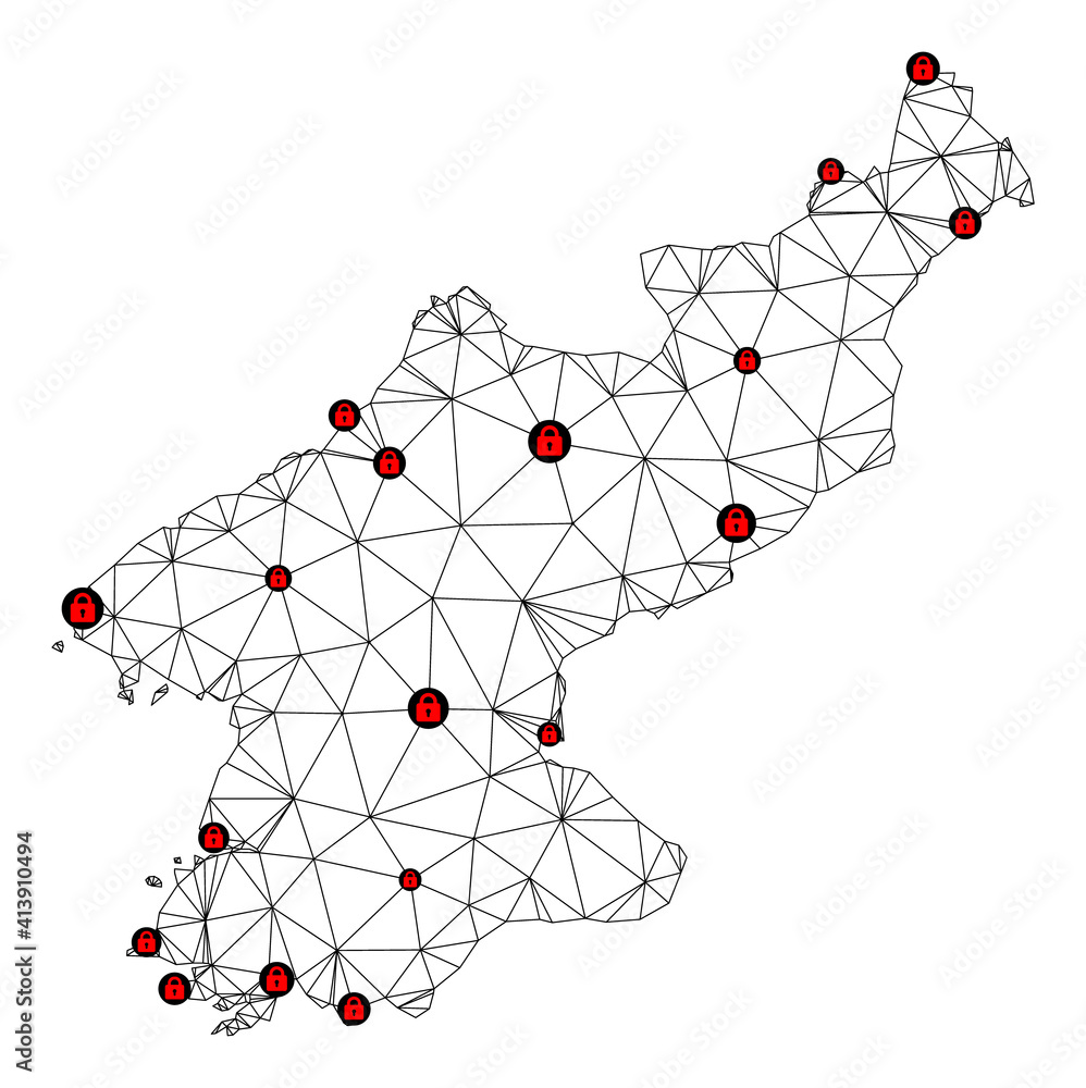 Poster polygonal mesh lockdown map of north korea. abstract mesh lines and locks form map of north korea. v