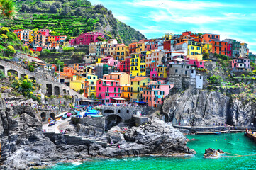 Beautiful view of Manarola town. Is one of five famous colorful villages of Cinque Terre National...