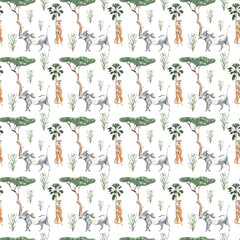 Safari animals seamless pattern. Jungle savannah animals seamless digital paper. Textile, fabric, scrapbook design, watercolor background. 