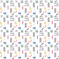 Science Lab watercolor Pattern. Atom Genome Molecule  Lamp  Medical Experiement images. Hand painted background perfect for textile, fabric, wallpaper, wrapping and packaging design, scrapbook.