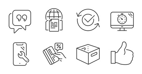 Internet documents, Like and Seo timer line icons set. Credit card, Quote bubble and Approved signs. Office box, Smartphone repair symbols. Web page, Thumbs up, Analytics. Technology set. Vector