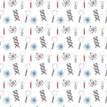 Science Lab Watercolor Pattern. Atom Genome Molecule  Lamp  Medical Experiement Images. Hand Painted Background Perfect For Textile, Fabric, Wallpaper, Wrapping And Packaging Design, Scrapbook.