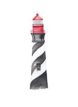 Watercolor hand drawn hand painted lighthouse in black, red and white colors. Isolated on white background.  High resolution 300 DPI