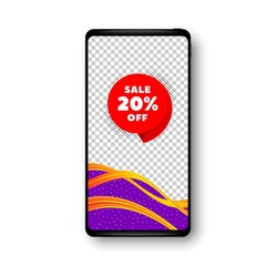 Sale 20 percent off banner. Phone mockup vector banner. Discount sticker shape. Coupon bubble icon. Social story post template. Sale 20 badge. Cell phone frame. Liquid modern background. Vector