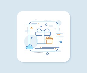 Gift boxes line icon. Abstract square vector button. Present or Sale sign. Birthday Shopping symbol. Package in Gift Wrap. Surprise package line icon. Quality concept badge. Vector