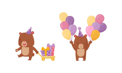 Funny Brown Bear Wearing Birthday Hat Holding Bunch of Balloons and Pulling Trolley with Wrapped Gift Boxes Vector Set