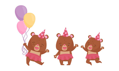 Cute Brown Bear Girl in Birthday Hat Holding Bunch of Balloons and Jumping with Joy Vector Set