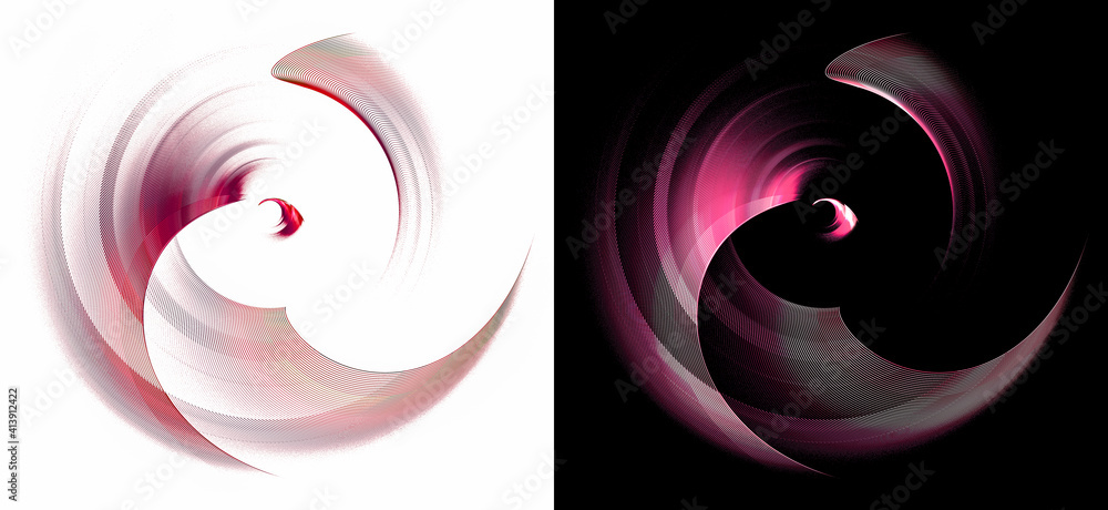 Poster red sharp blades of abstract fractal engines rotate on white and black backgrounds. graphic design e