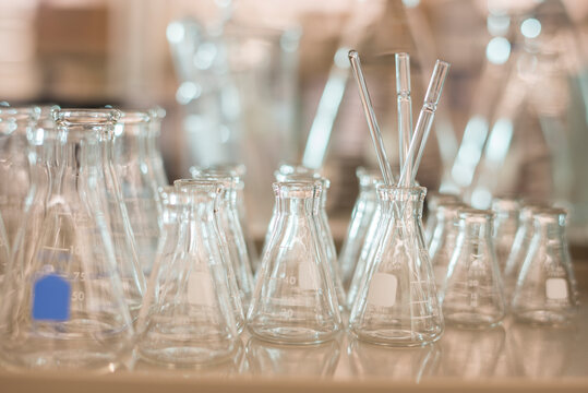 Close up of various size glass flasks