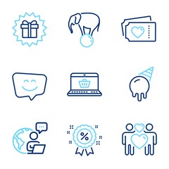 Holidays icons set. Included icon as Love tickets, Ice cream, Online shopping signs. Love couple, Discount, Smile face symbols. Elephant on ball, Surprise gift line icons. Line icons set. Vector