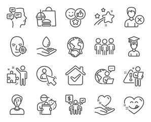 People icons set. Included icon as Group, Strategy, Global business signs. Remove account, Student, Messages symbols. Teamwork, Like, Problem skin. Hold heart, Yummy smile, Water care. Vector