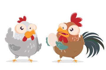funny cartoon illustration of a rooster giving an egg to a chicken