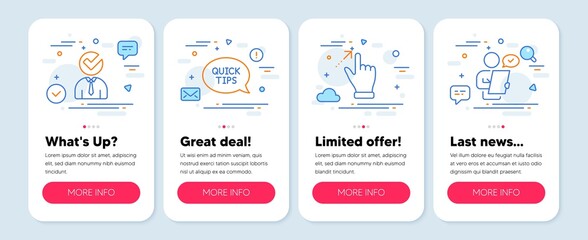 Set of Business icons, such as Touchscreen gesture, Vacancy, Quickstart guide symbols. Mobile screen app banners. Customer survey line icons. Swipe, Businessman concept, Helpful tricks. Vector