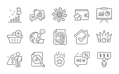 Analytics graph, New and Presentation line icons set. Bitcoin graph, Versatile and Crown signs. Loyalty program, Credit card and Employee benefits symbols. Loyalty star, Add purchase. Vector