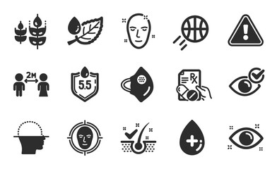 Social distancing, Anti-dandruff flakes and Ph neutral icons simple set. Health skin, Oil serum and Check eye signs. Basketball, Medical mask and Prescription drugs symbols. Flat icons set. Vector