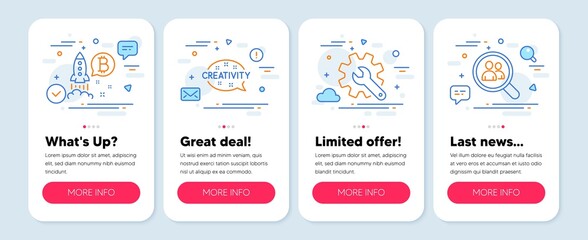 Set of Business icons, such as Creativity, Bitcoin project, Customisation symbols. Mobile screen app banners. Search employees line icons. Inspiration, Cryptocurrency startup, Settings. Vector