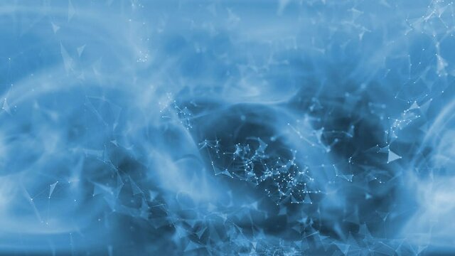 Conceptual modern futuristic copy space geometric abstract net with dots and triangle shapes on a bright blue cyberspace background with white volumetric lights. Seamless looping.