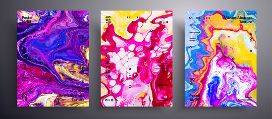 Abstract vector banner, texture set of fluid art covers. Beautiful background that can be used for design cover, poster, brochure and etc. Pink, purple and yellow universal trendy painting backdrop