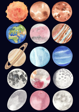 Space poster with colorful watercolor planets, dwarf planets and sun and moon Hand painted watercolor illustrations great for nursery wall decor. Home kids decor or playroom poster