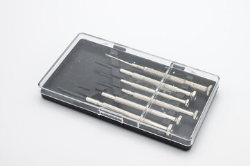 case of precision screwdrivers on white background