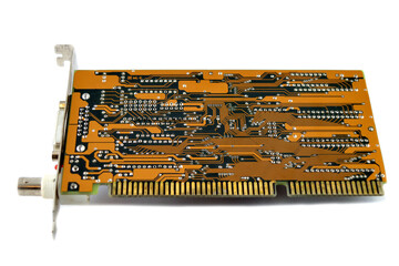 Network board. Computer circuit board on a white background.