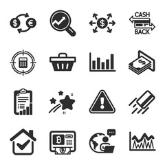 Set of Finance icons, such as Cashback card, Bitcoin atm, Currency exchange symbols. Investment, Dollar exchange, Checklist signs. Credit card, Analytics, Column chart. Atm money. Vector