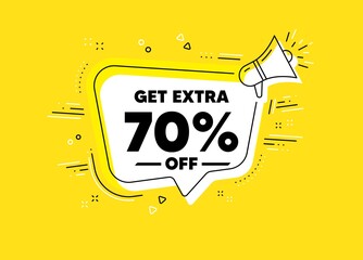 Get Extra 70 percent off Sale. Megaphone yellow vector banner. Discount offer price sign. Special offer symbol. Save 70 percentages. Thought speech bubble with quotes. Vector