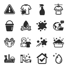 Set of Cleaning icons, such as Dirty t-shirt, Clean shirt, Bucket symbols. Water drop, Dry t-shirt, Dirty spot signs. Washing hands, Hand washing, Water splash. Spray, Household service. Vector