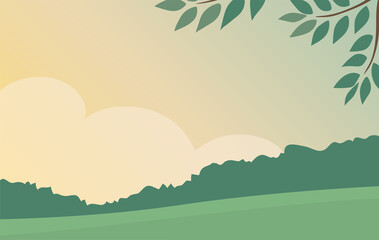 Calm and peaceful summer forest landscape. Green trees and foliage. Morning or evening sky. Vector illustration for background.