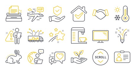 Set of Business icons, such as Id card, Heart, Truck delivery symbols. Handshake, Typewriter, Helping hand signs. Weather thermometer, Inspiration, Coffee machine. Vip flight, Monitor. Vector