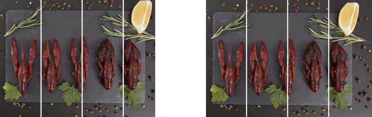 Delicious boiled crayfish close-up on a stone plate with lemon and parsley, free space for your...