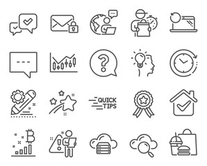 Fototapeta na wymiar Education icons set. Included icon as Cloud server, Time change, Financial diagram signs. Approve, Winner ribbon, Bitcoin graph symbols. Question mark, Idea, Recovery laptop. Blog. Vector