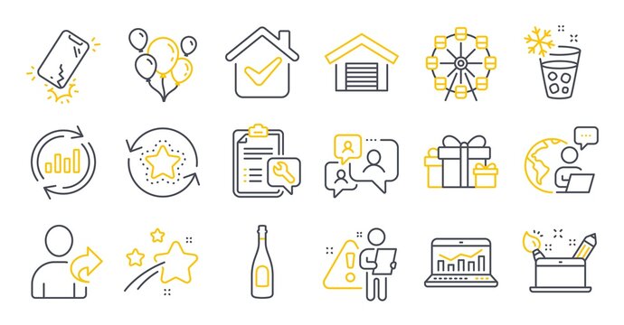 Set Of Business Icons, Such As Balloons, Smartphone Broken, Parking Garage Symbols. Spanner, Refer Friend, Ice Maker Signs. Loyalty Points, Ferris Wheel, Support Chat. Champagne. Vector