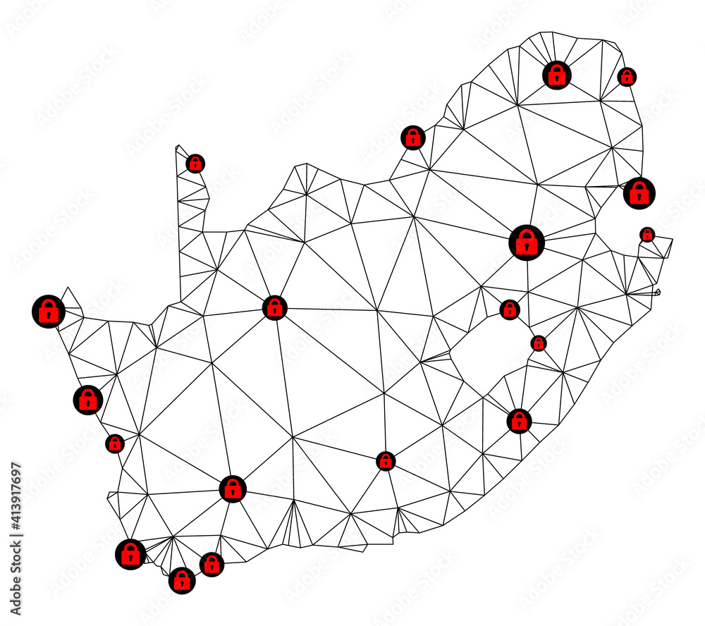 Aufkleber polygonal mesh lockdown map of south african republic. abstract mesh lines and locks form map of sou